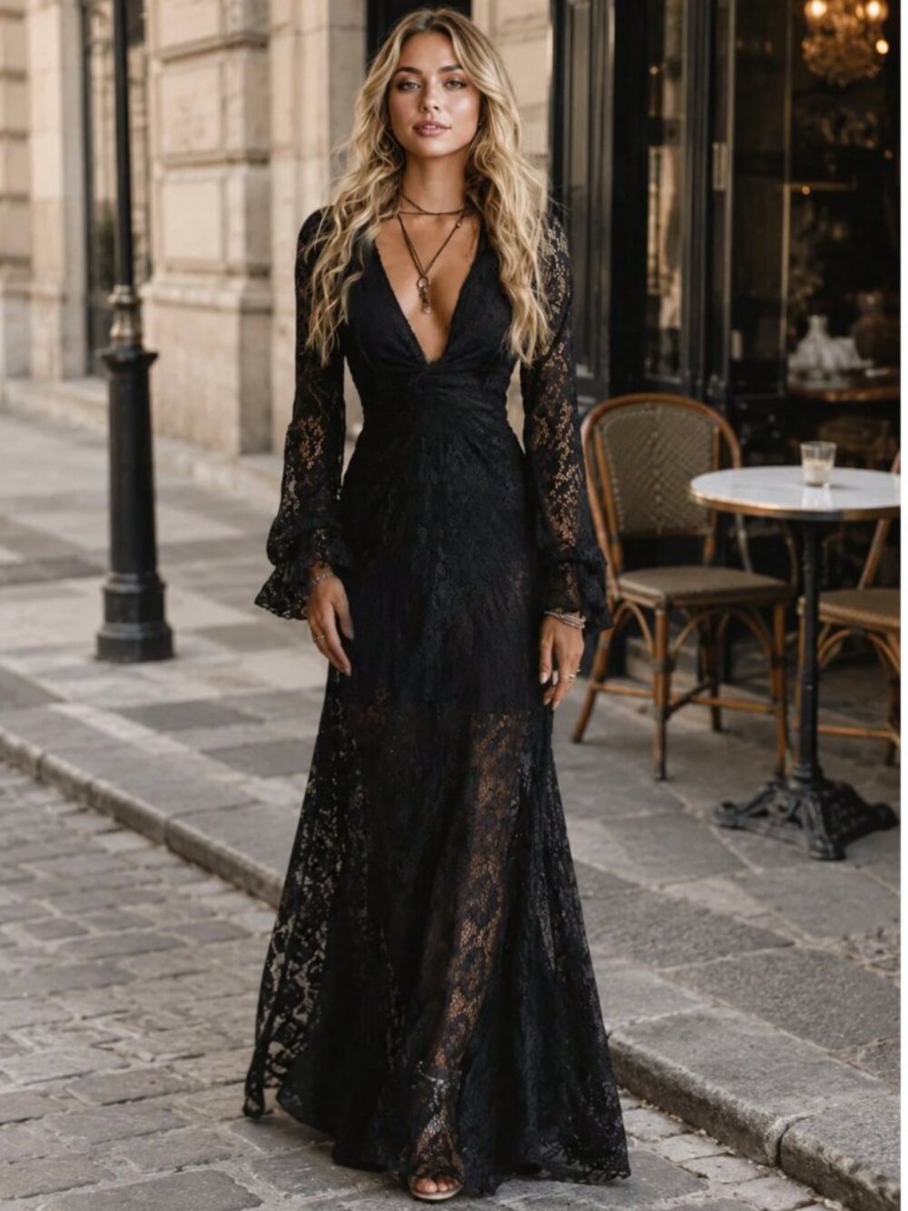 Black Lace Maxi Dress Plunging V-Neck Mermaid Hem Bell Sleeves Gothic Glam